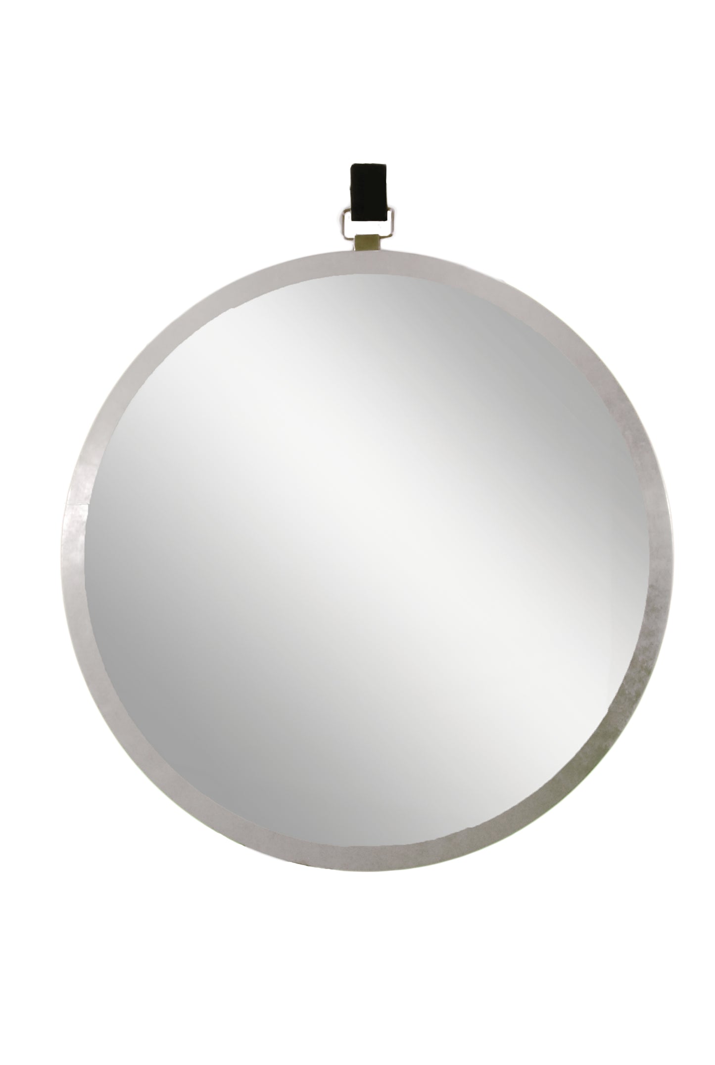 Round mirror with metal frame and decorative leather strap
