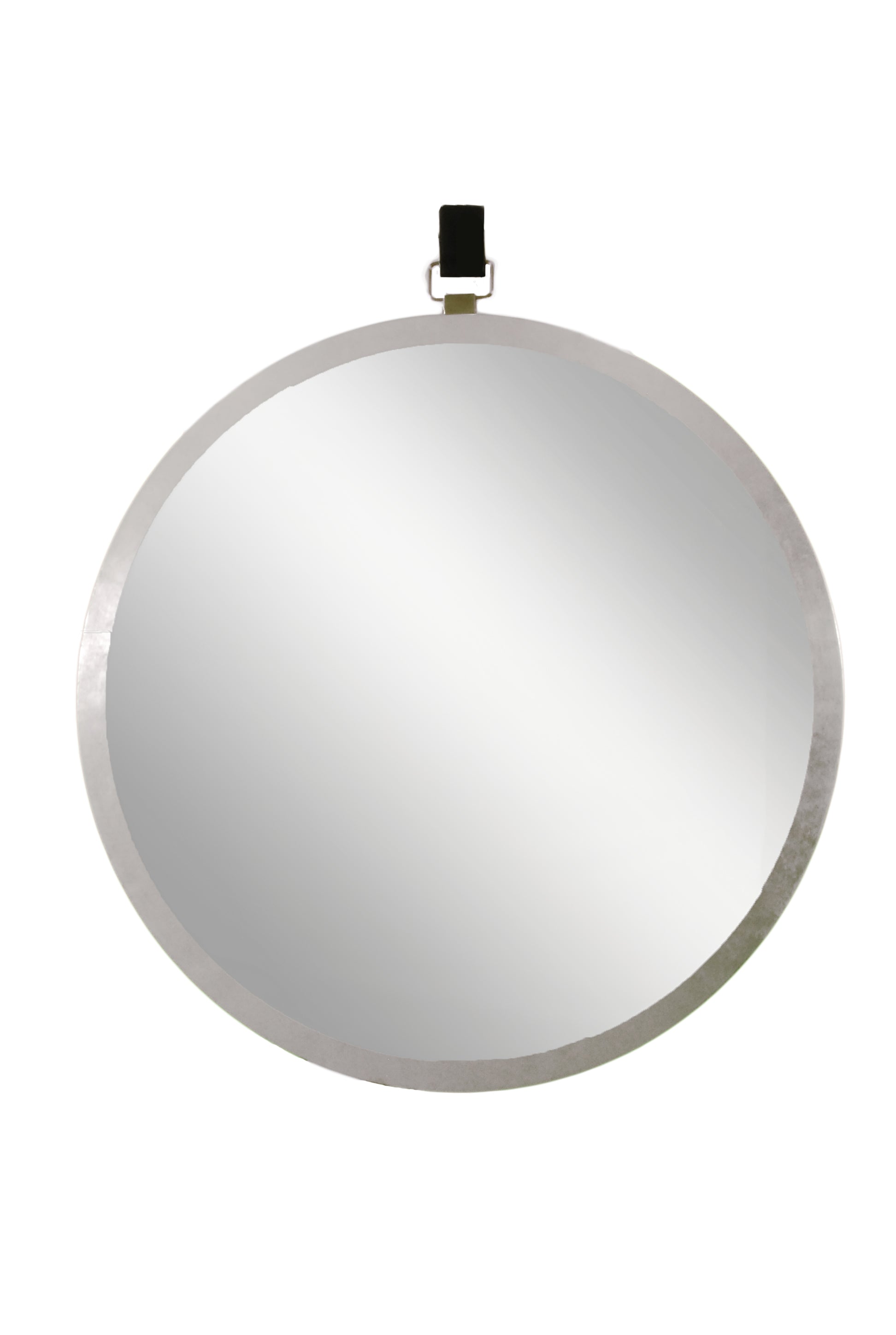 Round mirror with metal frame and decorative leather strap