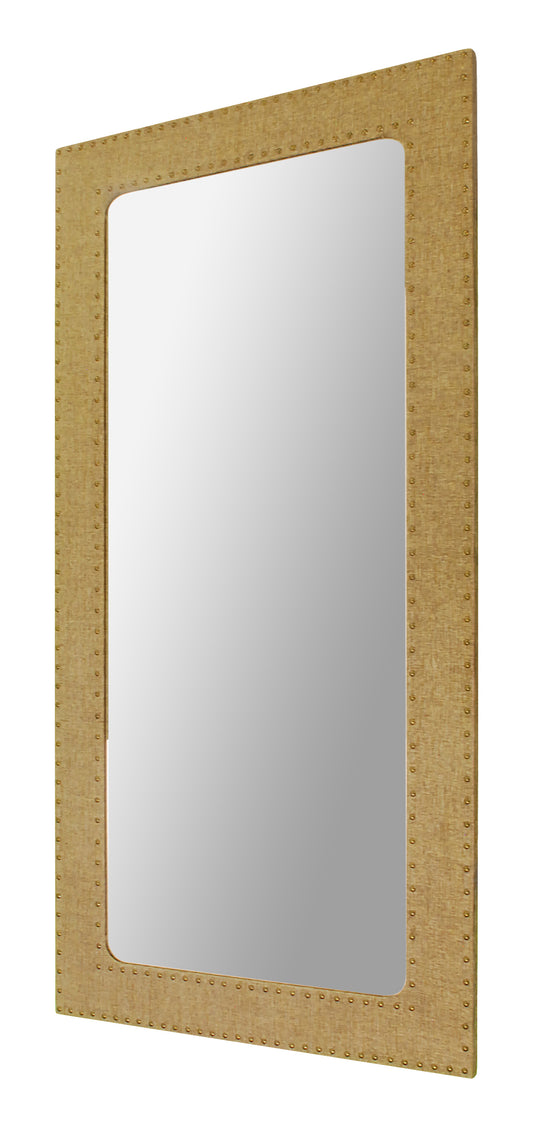 Contemporary mirror wrapped in fabric and a brass nail head trim