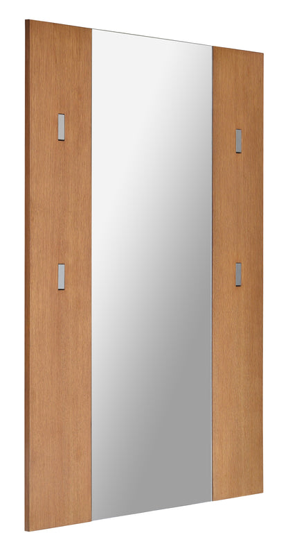 Custom inset flush lay mirror with wood panels and brushed chrome coat hooks