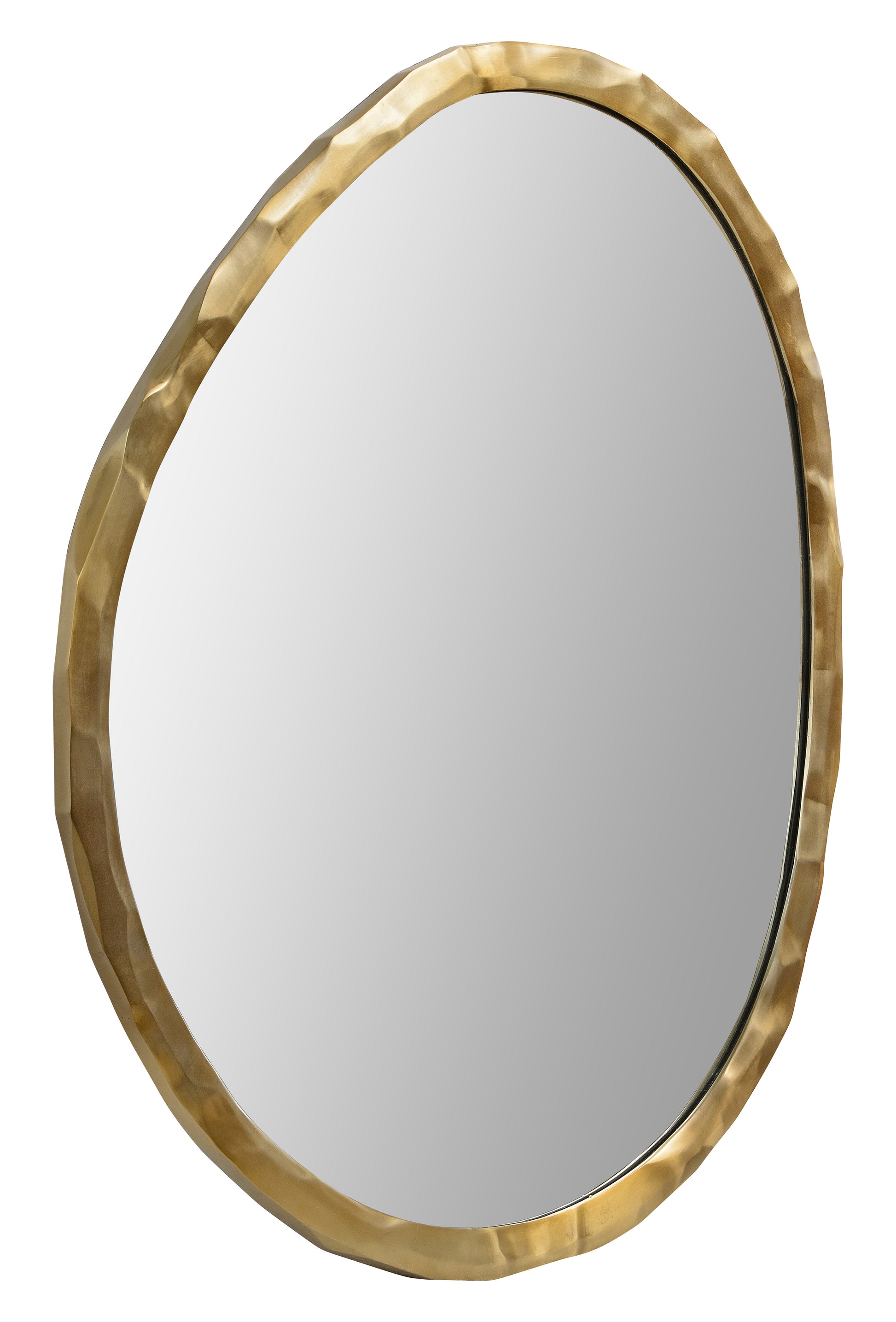 Asymmetrical mirror steel frame in plated light bronze and hammered texture.