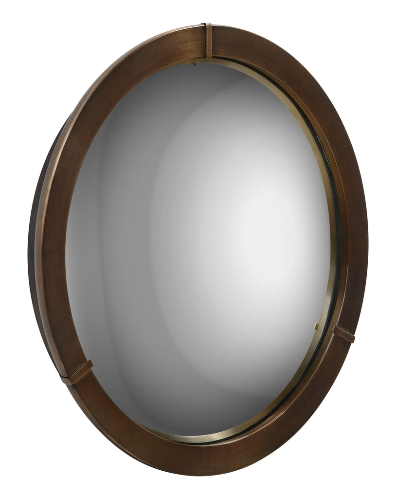 Convex decorative round mirror created with a plated bronze frame finish