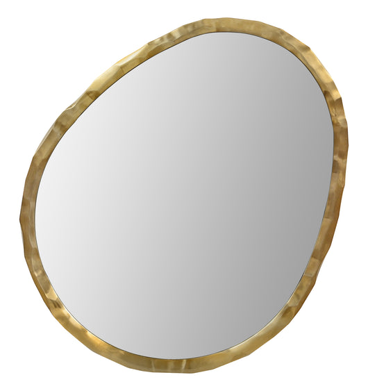 Asymmetrical mirror steel frame in plated light bronze and hammered texture.