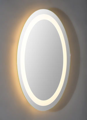 Oval shaped frame less back lit mirror.