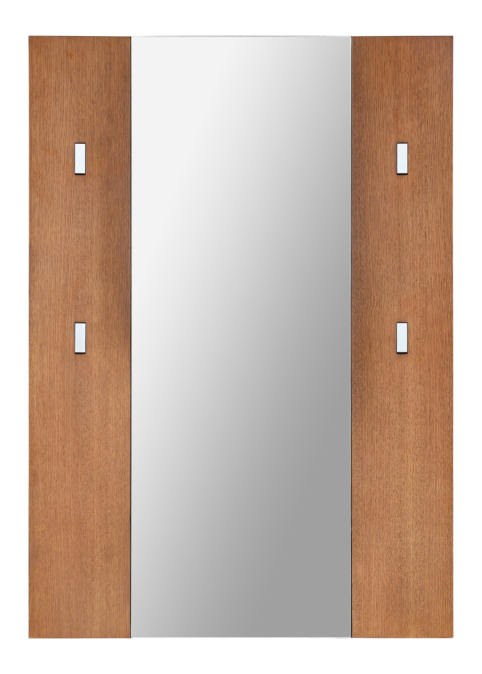 Flush lay mirror with wood panels and coat hooks